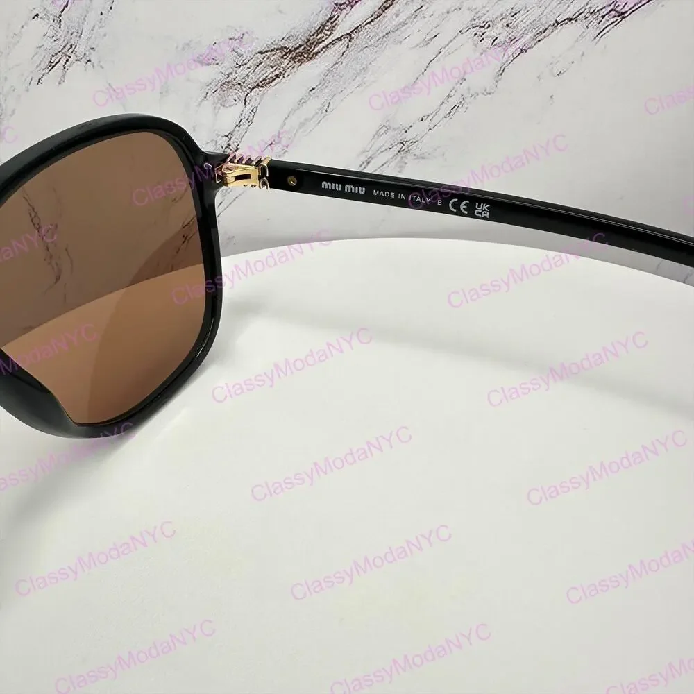 New MIU MIU Sunglasses MU B01S 16K90Q Black Brown Lens Oversized Pillow Square